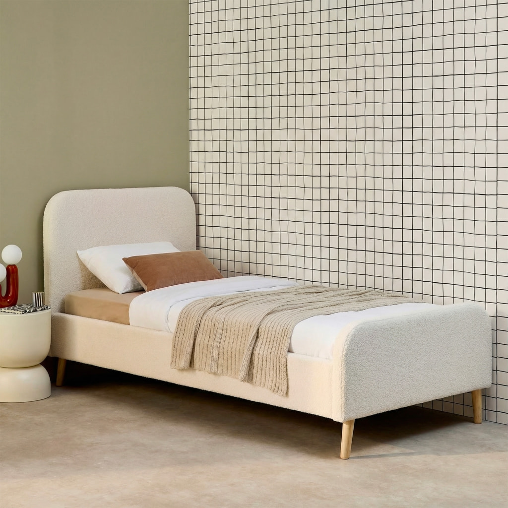 Lit avec sommier et tête de lit rembourrée 90 x 190 cm bouclette FINN