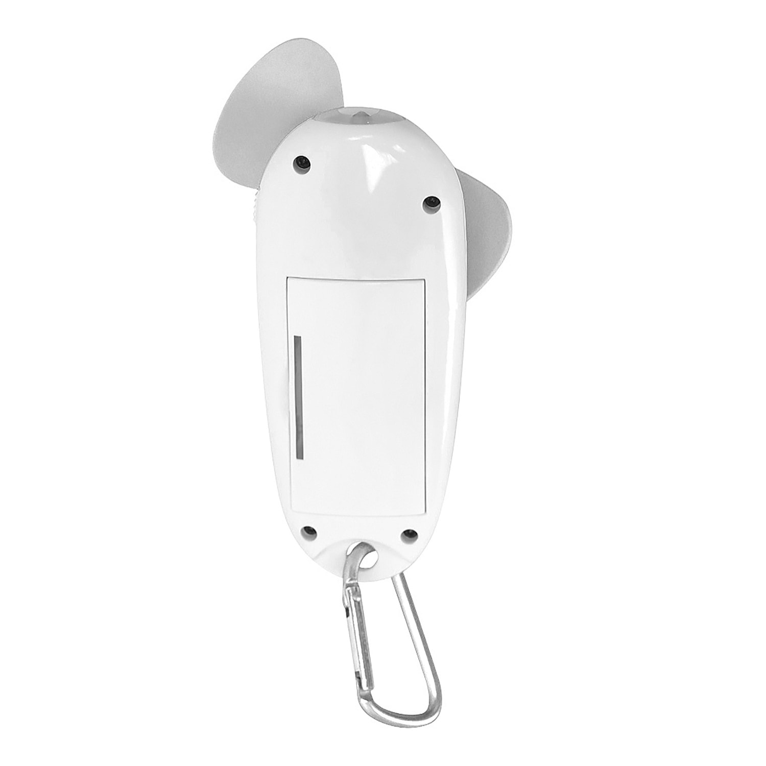Ventilatore portatile con torcia LED integrata e moschettone per il trasporto.