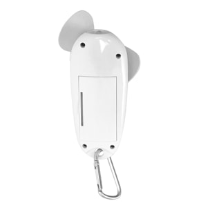 Ventilatore portatile con torcia LED integrata e moschettone per il trasporto.