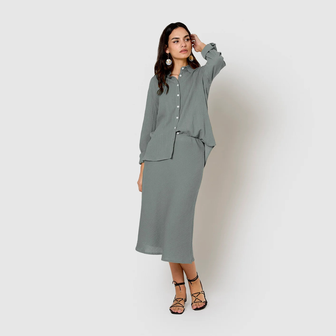 Falda midi evasé algodón lino verde azulado