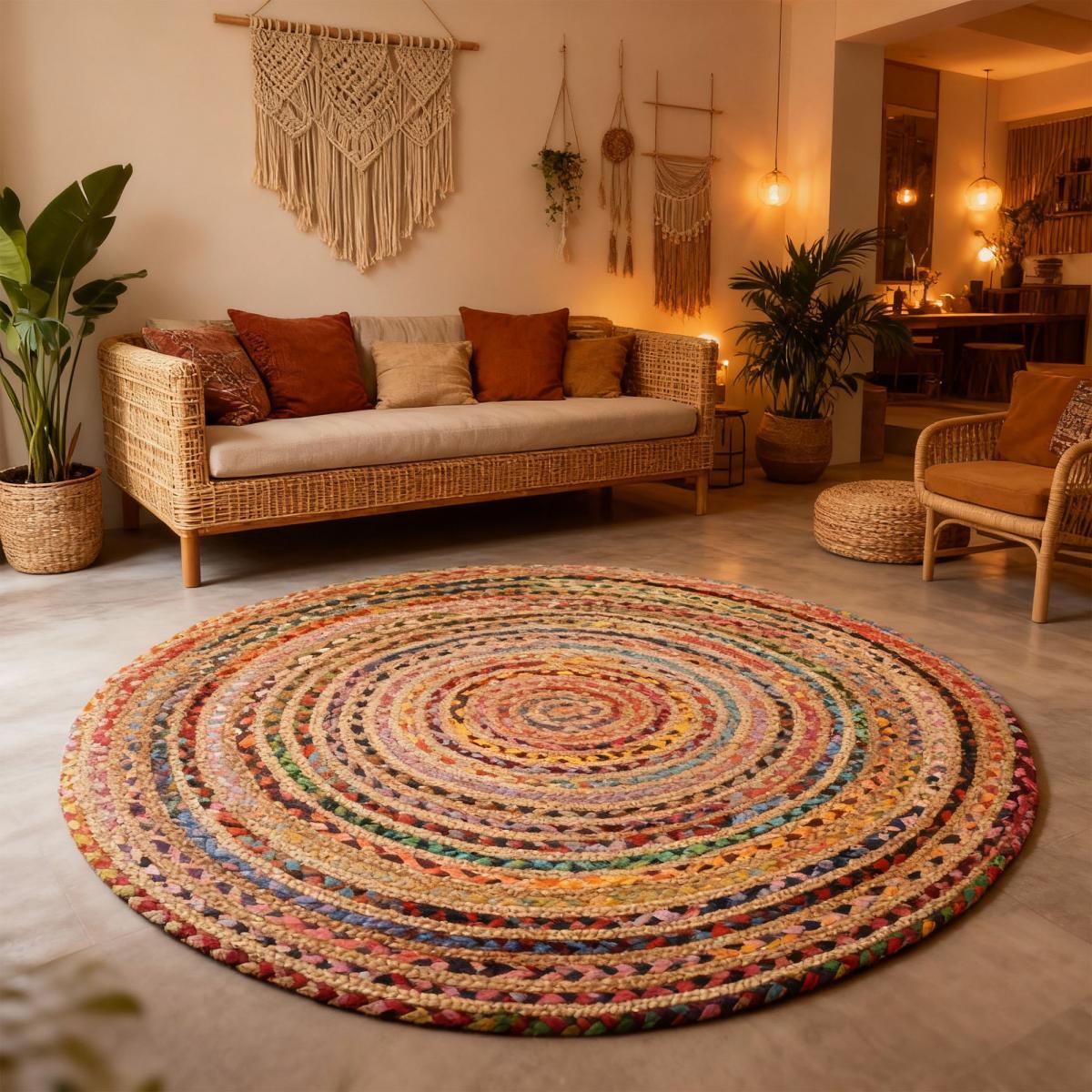 Tapis rond fait à la main en jute motif ethnique DECU