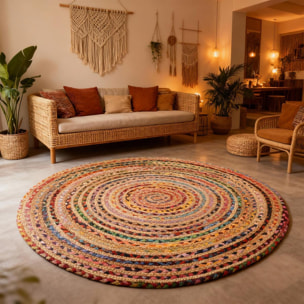 Tapis rond fait à la main en jute motif ethnique DECU