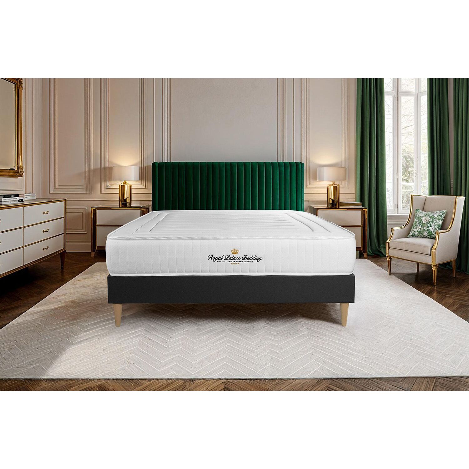 Ensemble matelas LANCASTER ressorts ensachés et mémoire de forme + sommier kit noir + Sommier tapissier en kit cm d'épaisseur - Matelas à Ressorts ensachés et mémoire de forme de 22cm d'épaisseur