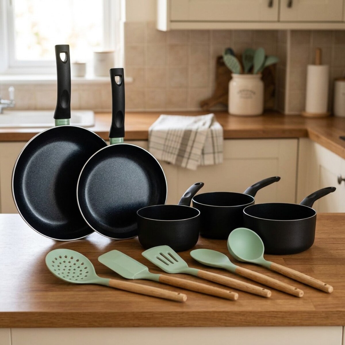 Lot 2 Poêles et 3 Casseroles Fackelmann Brandao avec 5 ustensiles Ocean