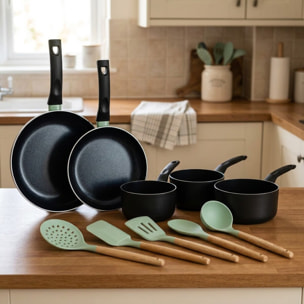 Lot 2 Poêles et 3 Casseroles Fackelmann Brandao avec 5 ustensiles Ocean