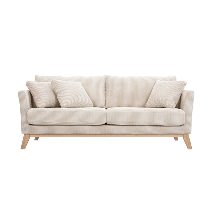 Canapé scandinave déhoussable 3 places en tissu velours côtelé beige et bois clair OSLO