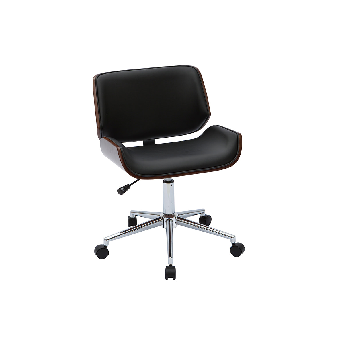 Chaise de bureau à roulettes design noir, bois foncé noyer et acier chromé RUBBENS