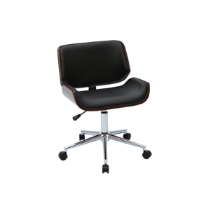 Chaise de bureau à roulettes design noir, bois foncé noyer et acier chromé RUBBENS