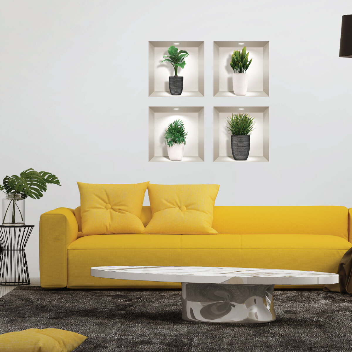 Stickers muraux 3D | Sticker Mural Autocollant effet 3D plantes dans les pots designs - Stickers adhésifs 3D Chambre Salon Trompe l'oeil