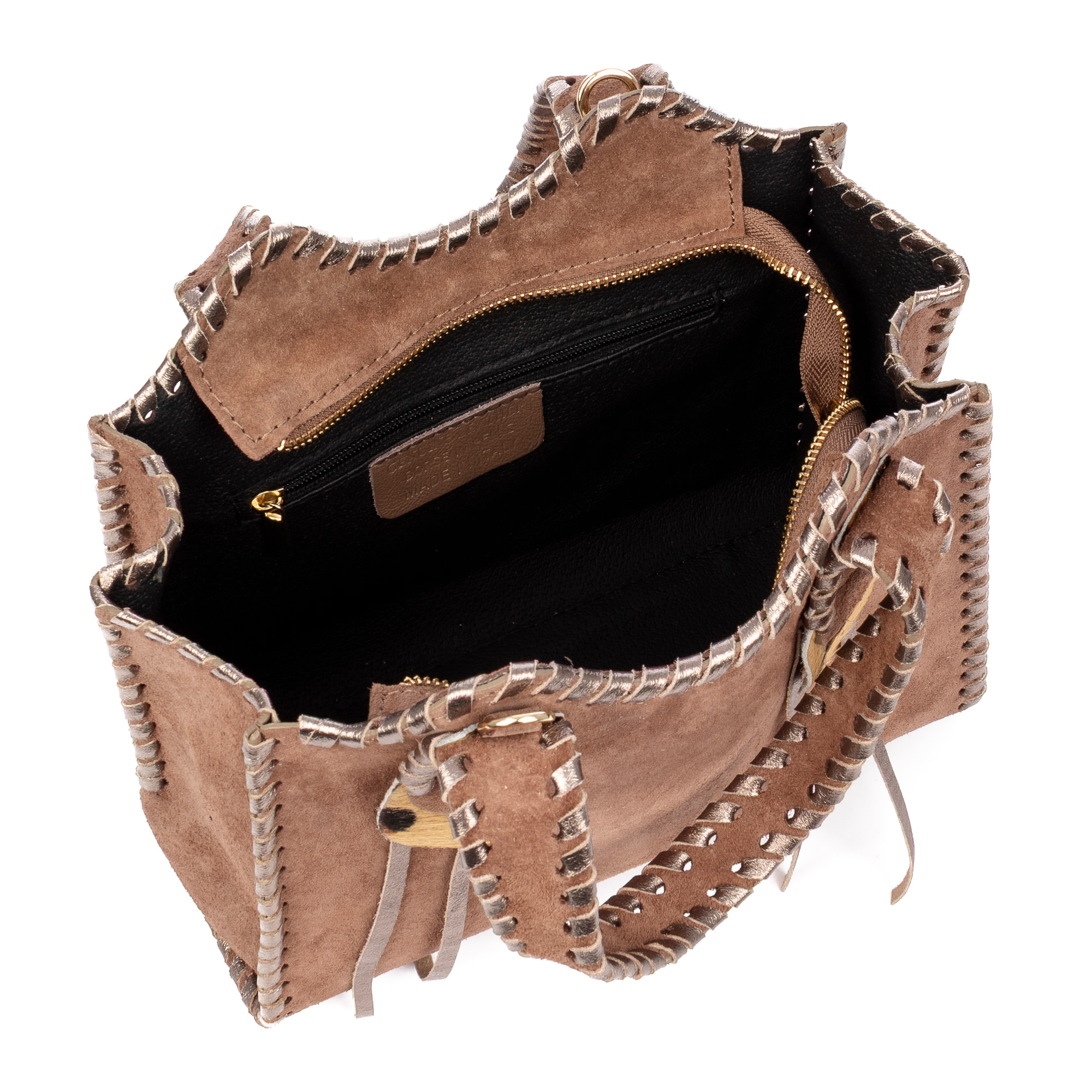 Borsa a mano da donna Avio. Vera pelle scamosciata con cuciture decorative in vera pelle lucida.