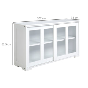 Aparador de Cocina Moderno Aparador Apilable Mueble Auxiliar de Cocina con 2 Puertas Corredizas de Vidrio y Estante Ajustable para Salón Comedor 107x33x62,5 cm Blanco