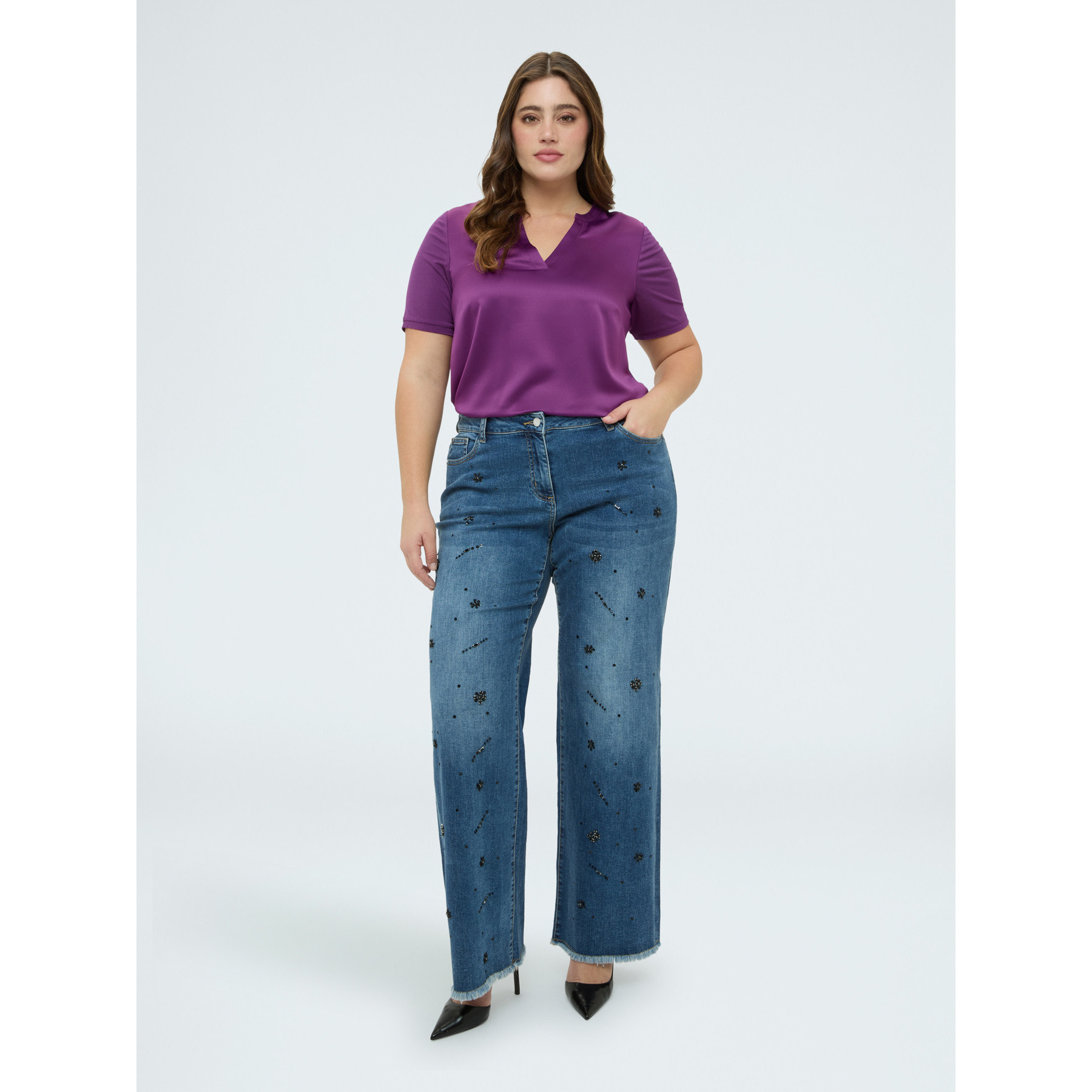 Fiorella Rubino - T-shirt bimaterica in misto viscosa - Viola