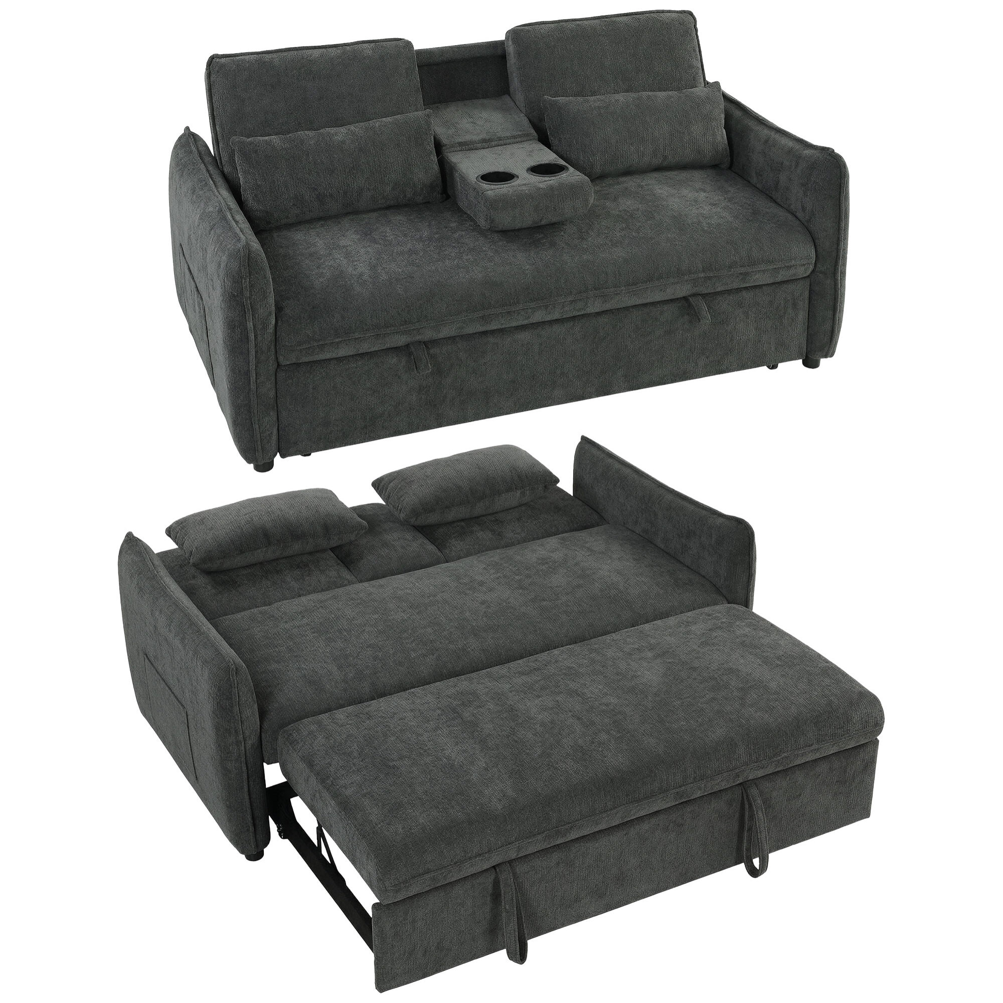 Sofá Cama 2 Plazas 3 en 1, Sofá Cama de Chenilla con Mesa Auxiliar, Portavasos, Respaldo Ajustable, Bolsillos Laterales, 2 Almohadas para Sala de Estar, Espacios Pequeños, Gris Oscuro