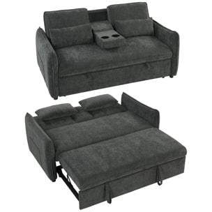 Sofá Cama 2 Plazas 3 en 1, Sofá Cama de Chenilla con Mesa Auxiliar, Portavasos, Respaldo Ajustable, Bolsillos Laterales, 2 Almohadas para Sala de Estar, Espacios Pequeños, Gris Oscuro
