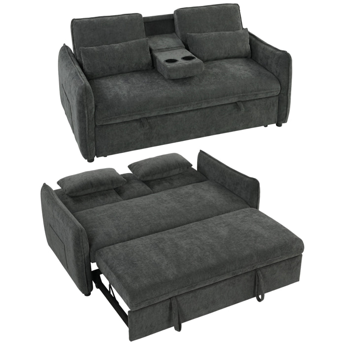 Sofá Cama 2 Plazas 3 en 1, Sofá Cama de Chenilla con Mesa Auxiliar, Portavasos, Respaldo Ajustable, Bolsillos Laterales, 2 Almohadas para Sala de Estar, Espacios Pequeños, Gris Oscuro