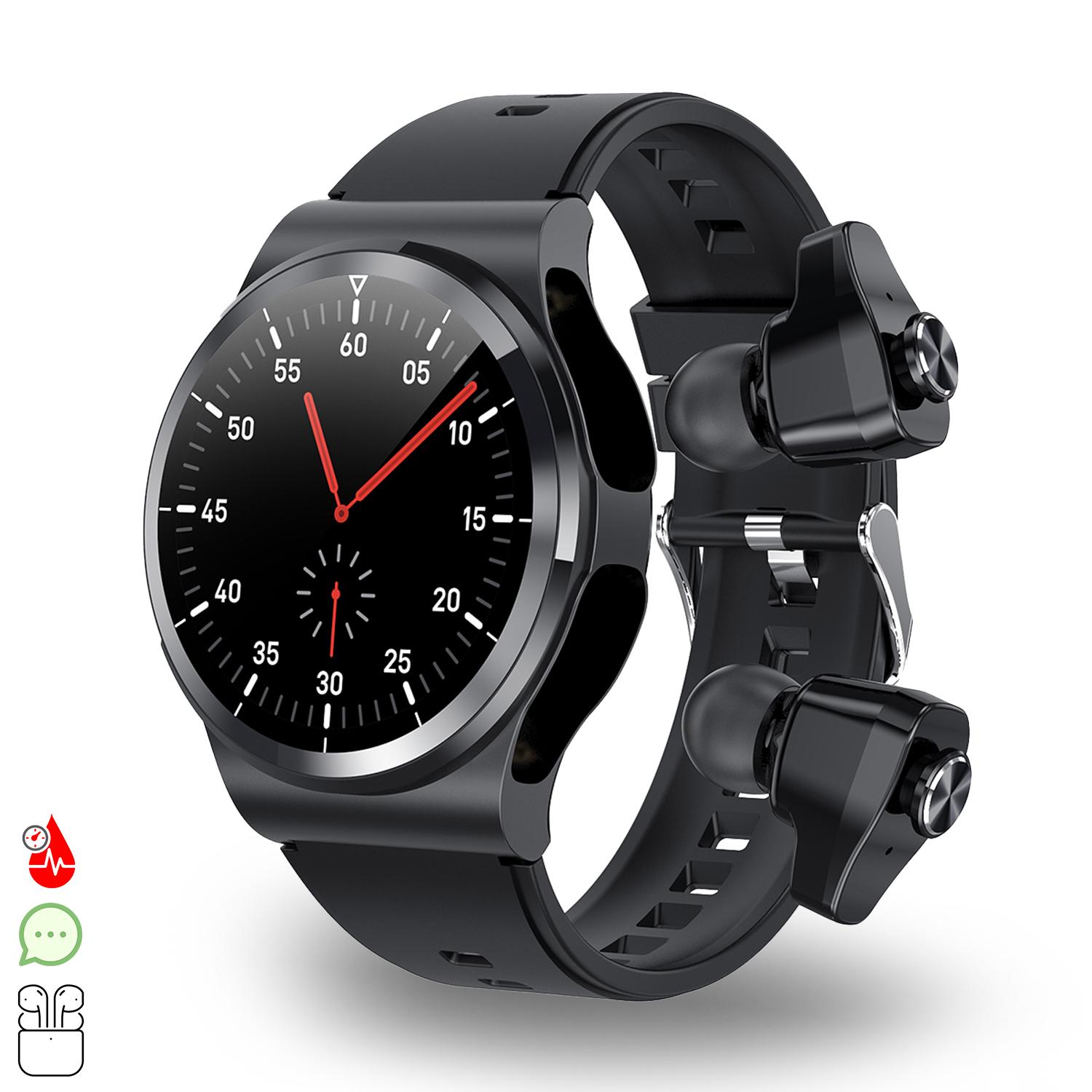 Smartwatch GT69 con auriculares Bluetooth 5.0 TWS integrados. Monitor de tensión y oxígeno en sangre; modo multideportivo.