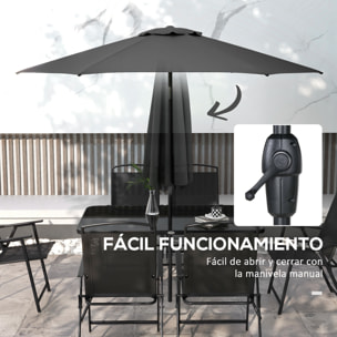 Conjunto de Muebles de Jardín 8 Piezas Juego de Comedor de Jardín con 6 Sillas Plegables Mesa de Comedor de Vidrio y Sombrilla Inclinable para Terraza Patio Negro