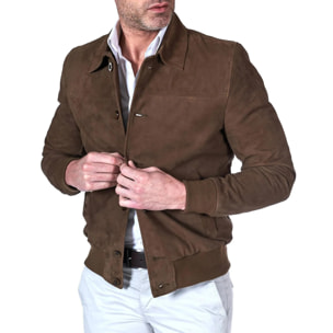 Giacca bomber in pelle camoscio color fango collo camicia