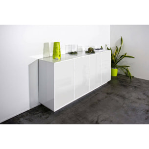 Credenza Virgilio, Madia da cucina a 4 ante, Buffet da soggiorno, 100% Made in Italy, cm 180x41h86, Bianco lucido