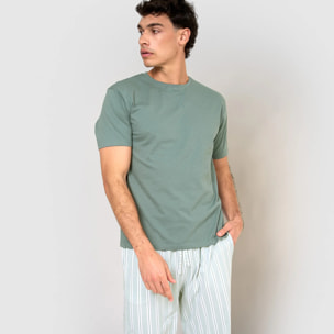 Pigiama lungo in cotone, a maniche corte, a righe hamon, acquamarina