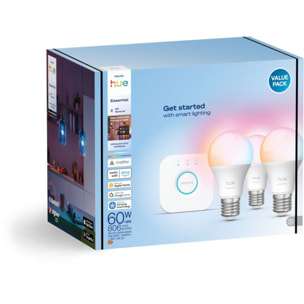 Pack PHILIPS Kit Hue Essential E27 60Wx3 + pont v2