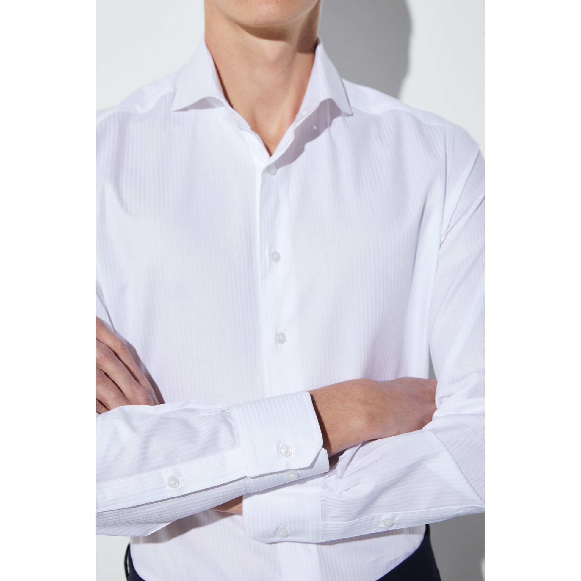 Camicia Uomo 1 Bottone Morbido Jacquard Fantasia Bianco e Bianco