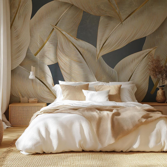 Papier peint feuillage doré élégant fond gris minéral Intissé