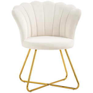 Fauteuil design coquillage piètement acier doré velours crème