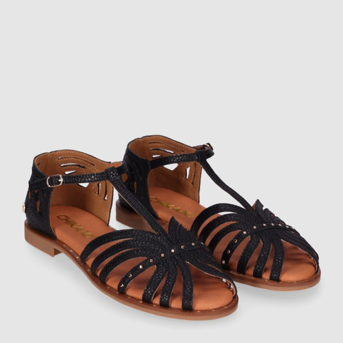 Sandalias de Piel - Negro - Tacón: 1 cm