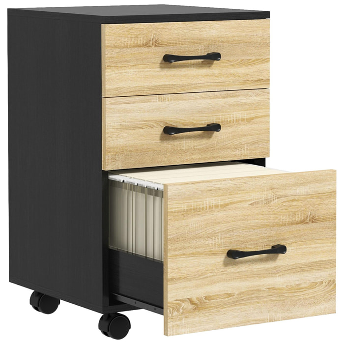 Cajonera de Oficina Mueble Archivador con 4 Ruedas 3 Cajones para Tamaño A4 Carta para Estudio Salón 40x42x65 cm Roble y Negro