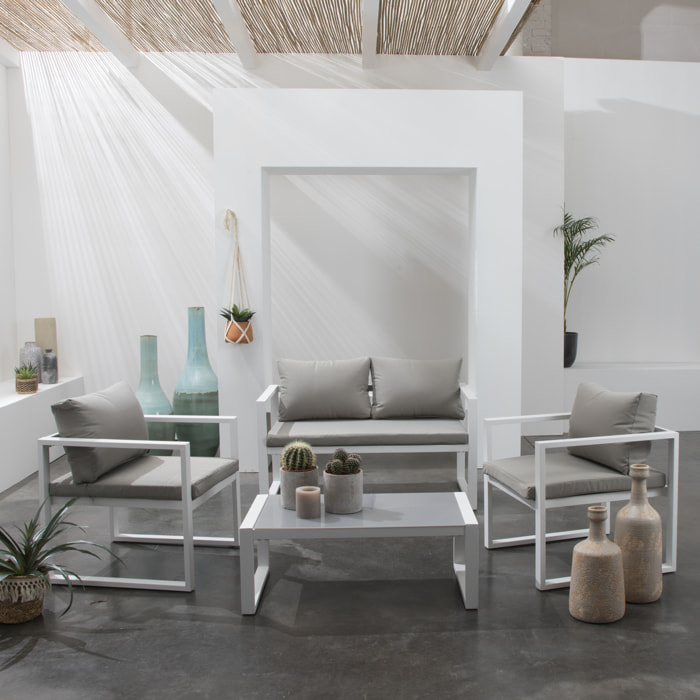 Salon de jardin IBIZA en tissu gris 4 places - aluminium blanc