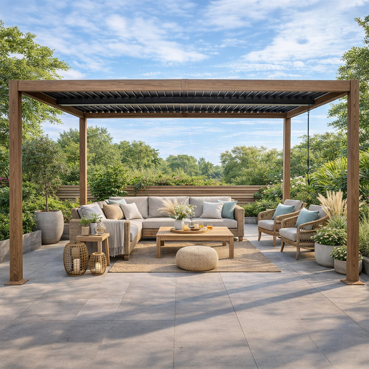 Pergola bioclimatique structure et lames orientables en aluminium effet bois 4x3m SOPRON