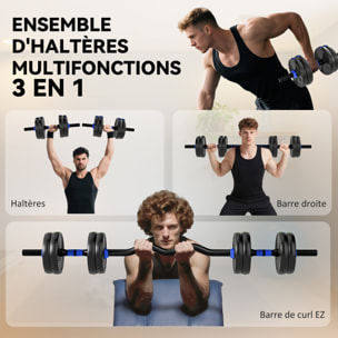 Ensemble d'haltères musculation multifonction 3 en 1 - haltères, Olympic barre, Curl EZ barre - total 15Kg - PVC bleu noir
