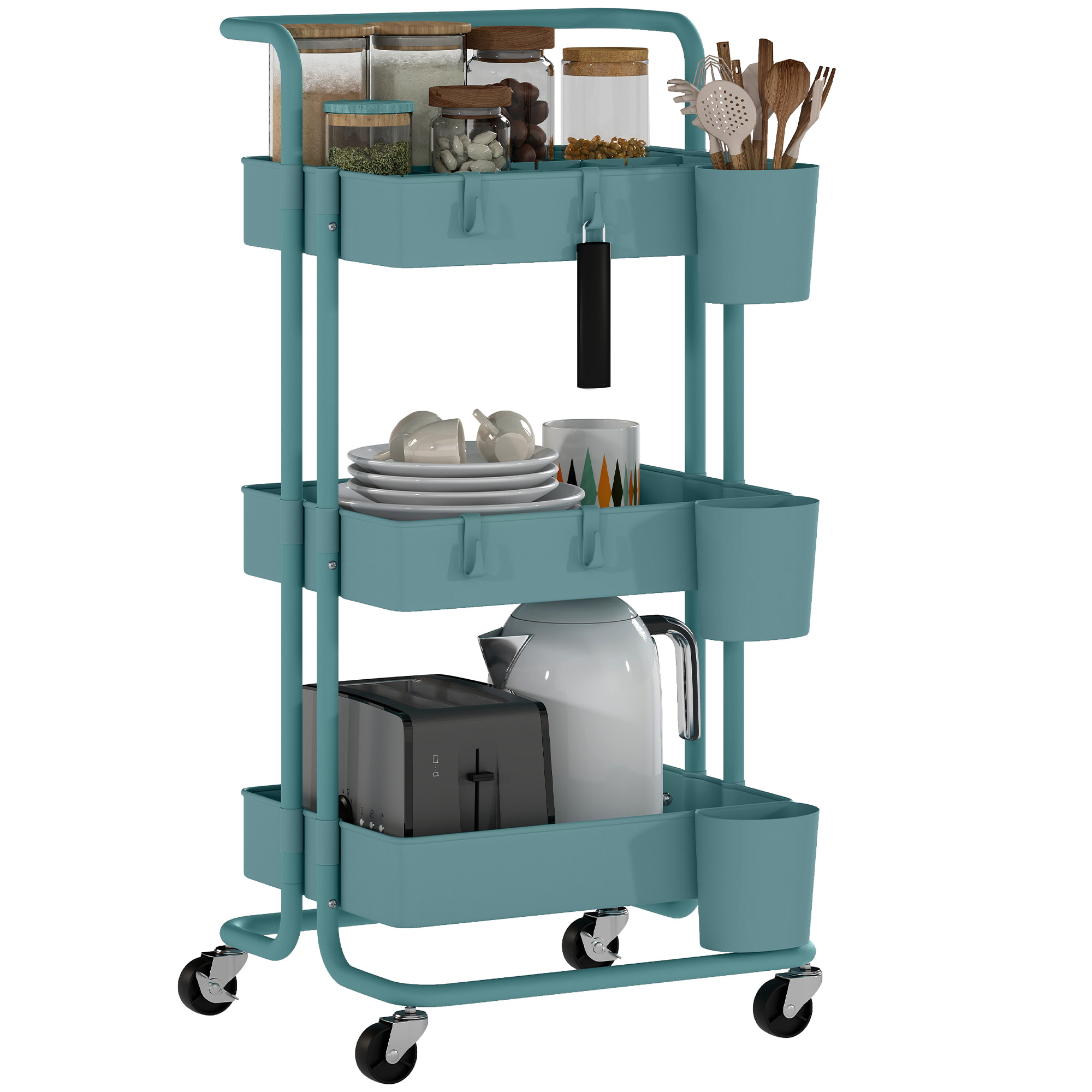 Carrito Auxiliar con Ruedas de 3 Niveles Carrito de Cocina con Mango 3 Cestas de Malla y 3 Cajas Colgantes Carro de Almacenamiento para Baño Salón 42x38x86,5 cm Azul Verdoso