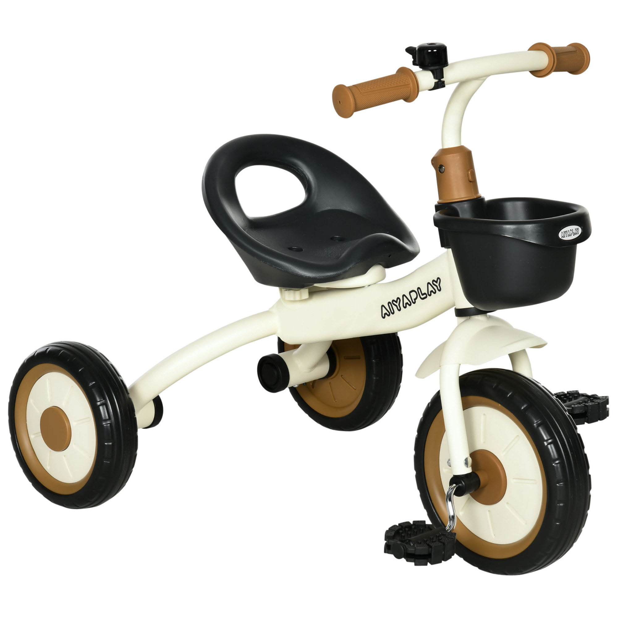 Tricycle enfant multi-équipé garde-boue sonnette panier pédales antidérapantes siège réglable avec dossier métal blanc