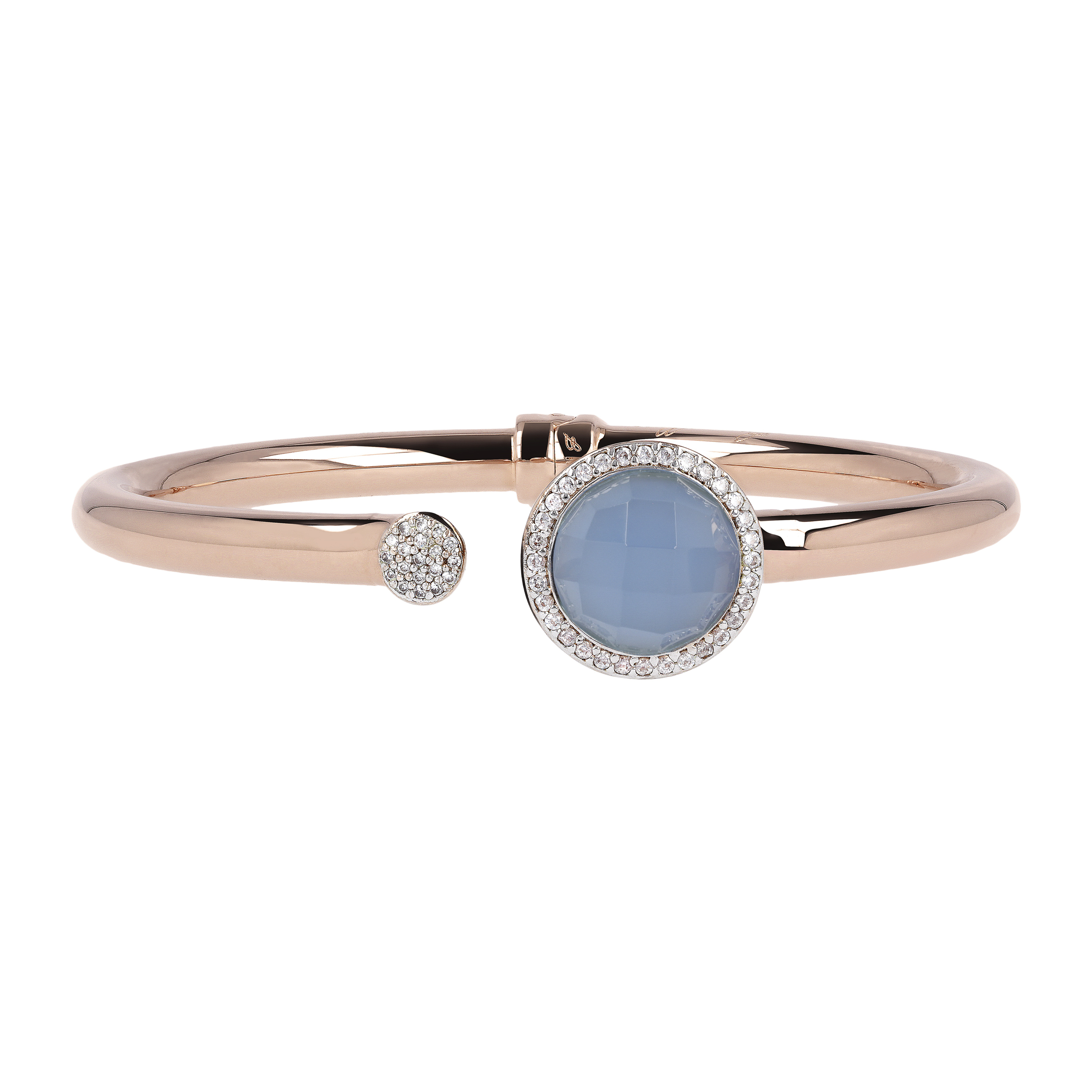 Bracciale Rigido con Pietra Naturale Tonda Calcedonio Azzurro e Pavé in Cubic Zirconia