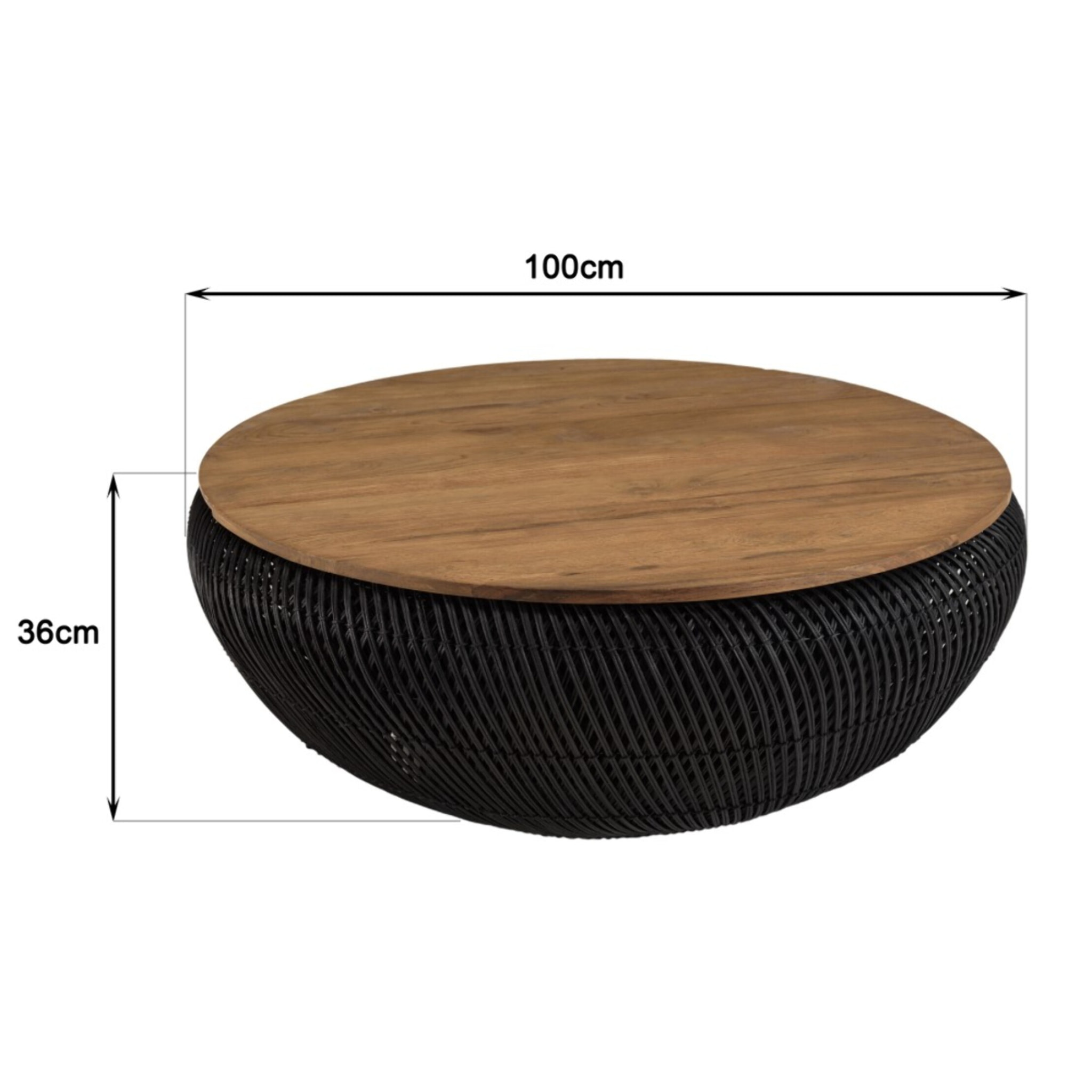 SIXTINE - Table basse ronde 100x100cm en rotin noir plateau amovible