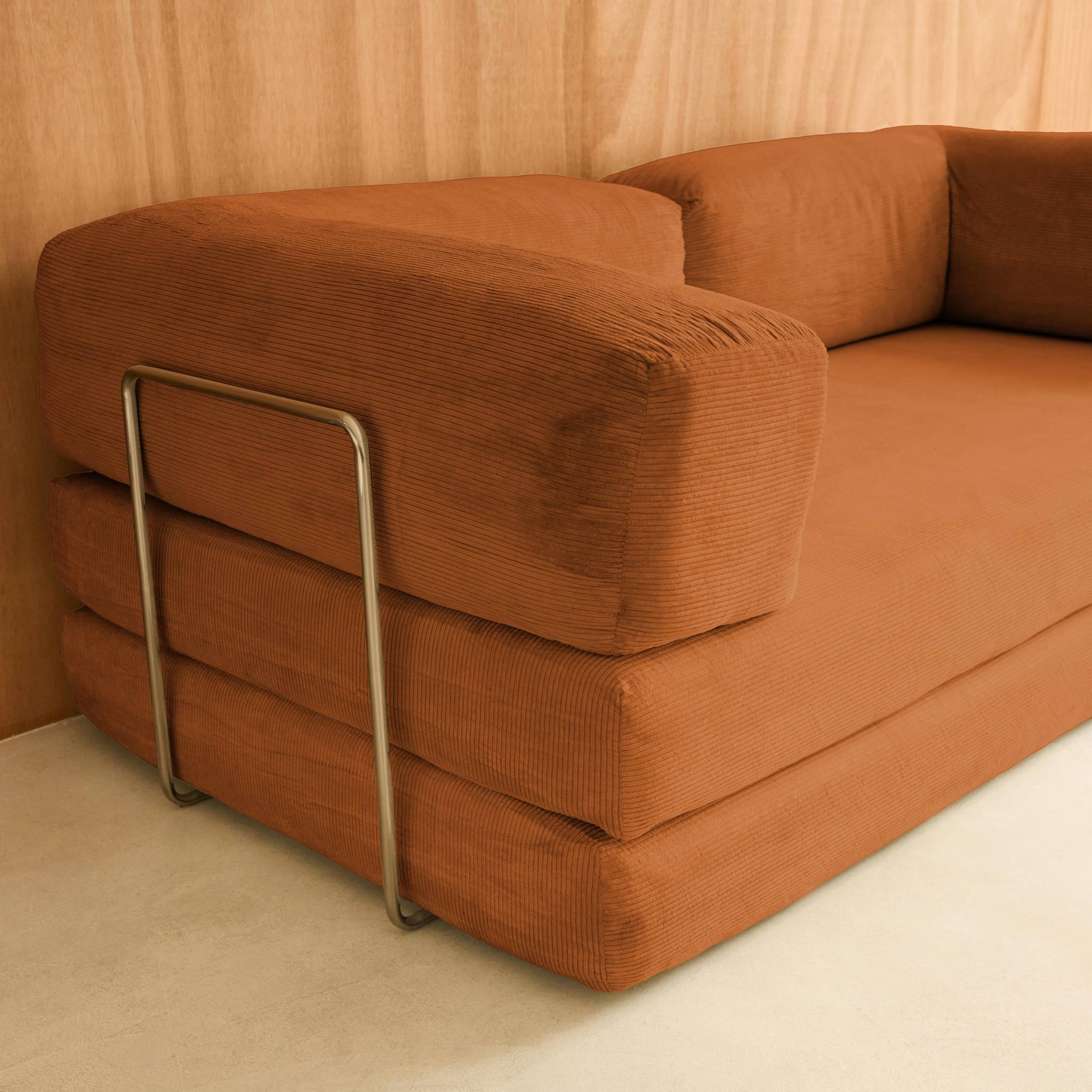 Canapé vintage convertible 3 places velours côtelé et armature chromée SEVENTIES