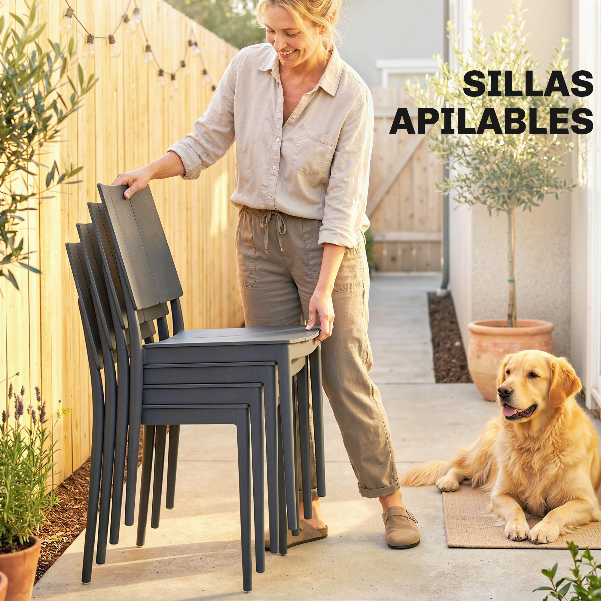 Conjunto de Mesa y Sillas Jardín de 5 Piezas, Muebles Jardín Exterior con Mesa de Tablero Ranurado, 4 Sillas Apilables, Marco Metálico para 4 Personas, para Patio, Terraza, Gris Oscuro