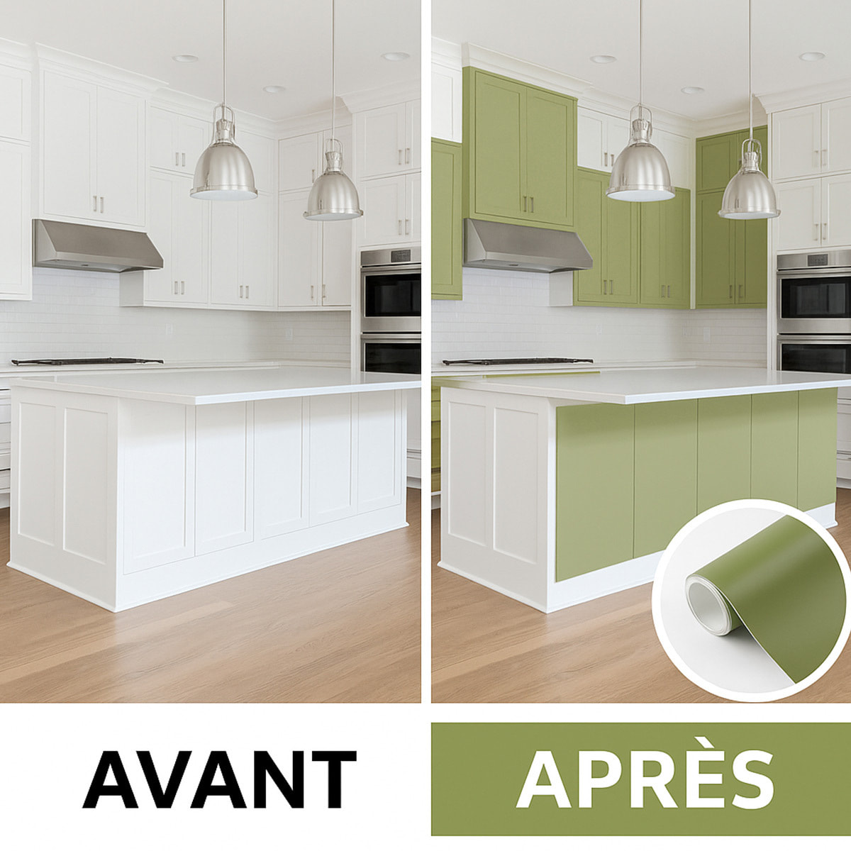 Rouleau adhésif décoratif Vinyle au Mètre - Vert olive - Sticker Lavable Imperméable Mur Cuisine Meubles