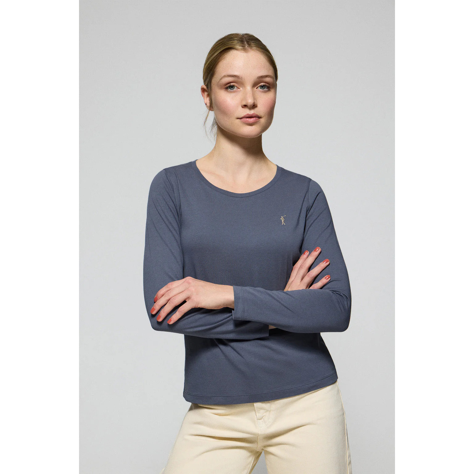 Maglietta basic a maniche lunghe blu denim con logo Rigby Go