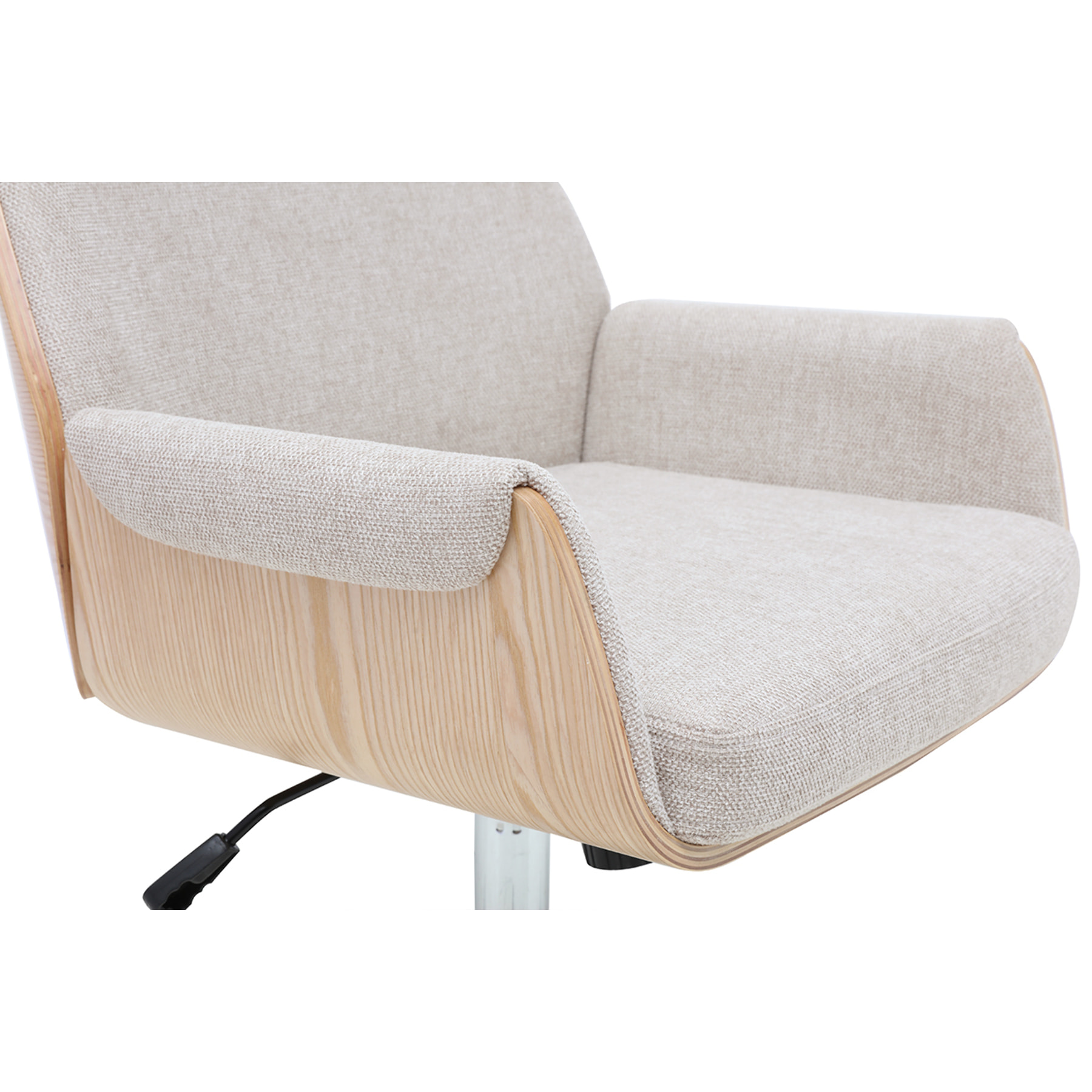 Chaise de bureau en tissu effet velours texturé beige et bois clair chêne RIKKI