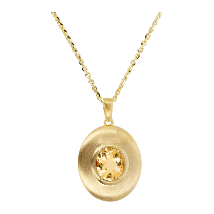 Collana Catena Rolo in Argento 925 placcato Oro Giallo 18Kt e Pendente Ovale Satinato con Citrino Arancione