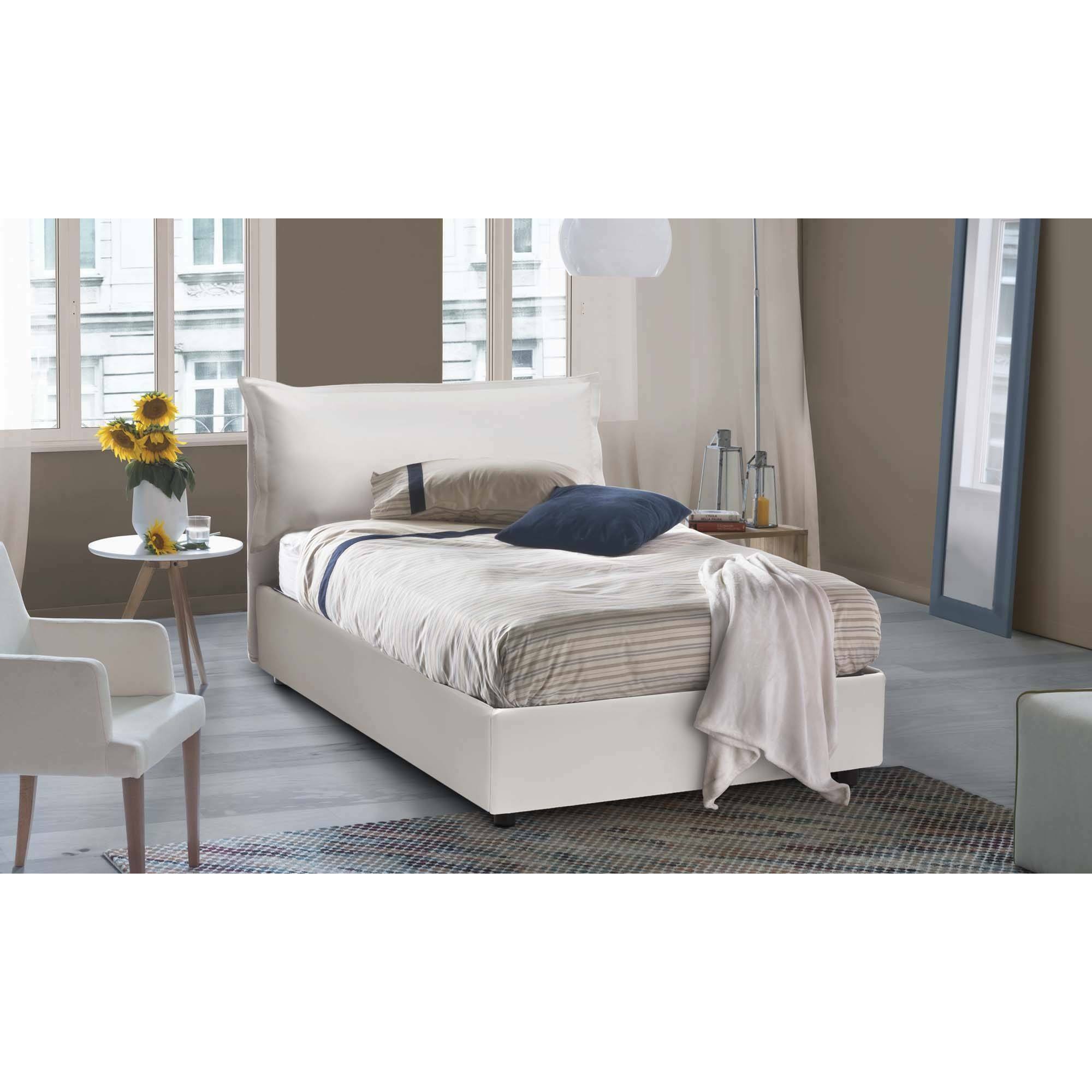 Letto piazza e mezza Angela, Letto contenitore con rivestimento in ecopelle, 100% Made in Italy, Apertura frontale, adatto per materasso Cm 120x190, Bianco