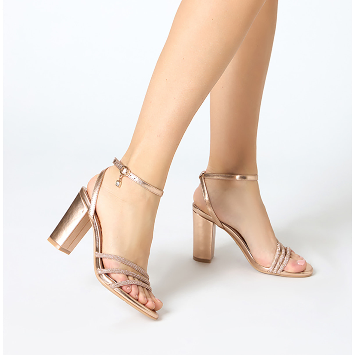 Sandalo donna rosa-oro, tacco largo 8,5 cm