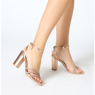 Sandalo donna rosa-oro, tacco largo 8,5 cm