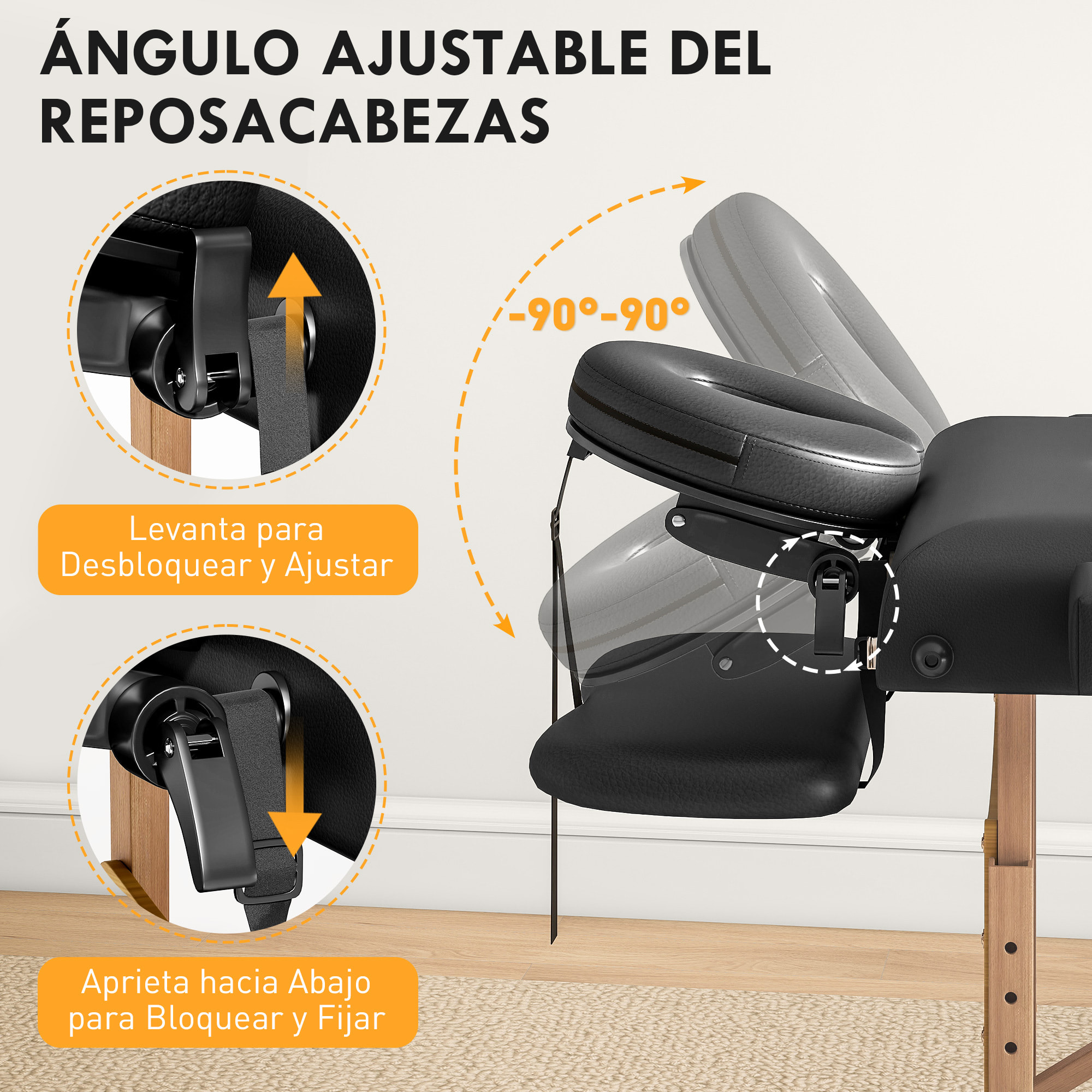 Camilla Masaje Plegable Portátil Camilla Estética Profesional de Madera de 3 Zonas con Altura Ajustable Reposacabezas Reposabrazos Acolchados para Spa Pestañas Tatuajes 215x60x64-89 cm Negro