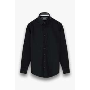 Camicia Uomo 2 Bottoni Button Down Slim Satin Unito Nero
