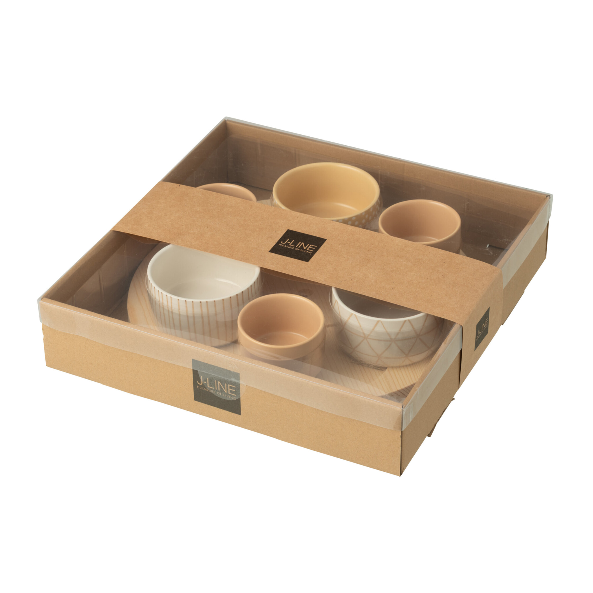 J-Line planche à tapas 6 bols + plat en bois - céramique/bois - blanc/crème