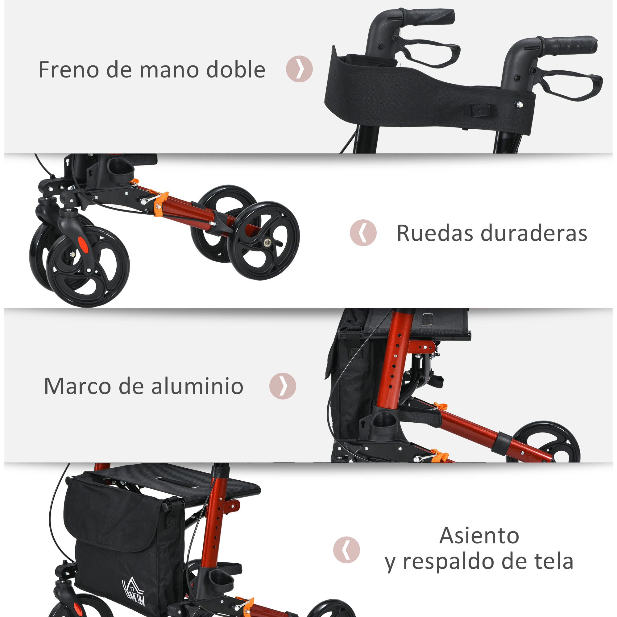 Andador para Ancianos Plegable de Aluminio Andador para Personas Mayores con Asiento y 4 Ruedas Andador con Altura Ajustable Frenos de Maneta y Bolsa de Transporte Rojo y Negro